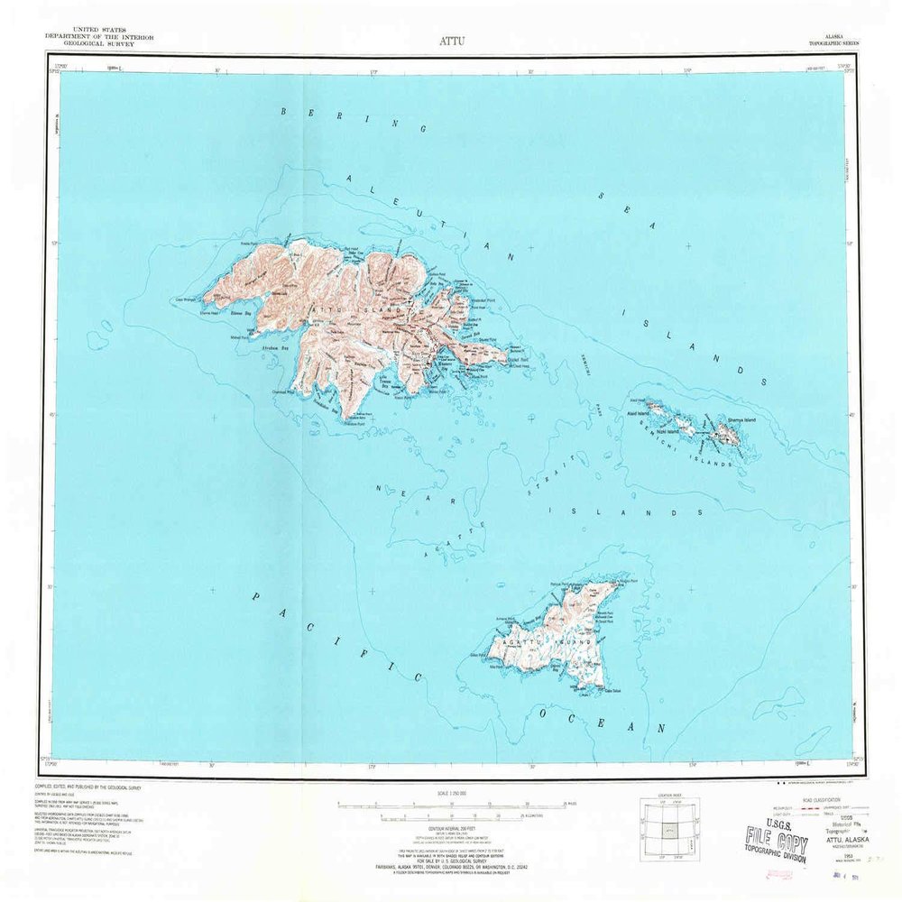 YellowMaps Attu AK topo map, 1:250000 Scale, 1 X 2 Degree, Historical, 1953, Updated 1971, 23 x 30.3 in - Polypropylene