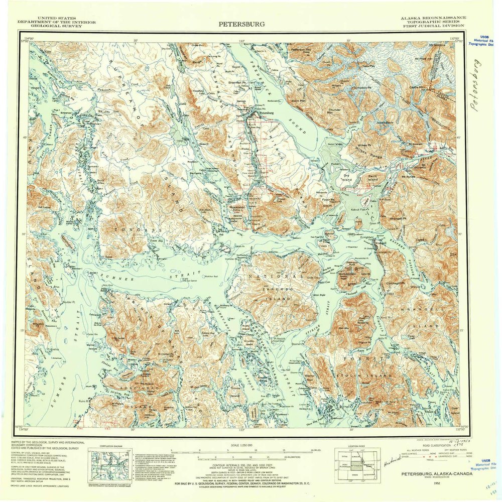 YellowMaps Petersburg AK topo map, 1:250000 Scale, 1 X 2 Degree, Historical, 1952, Updated 1953, 22.8 x 22.6 in - Polypropylene