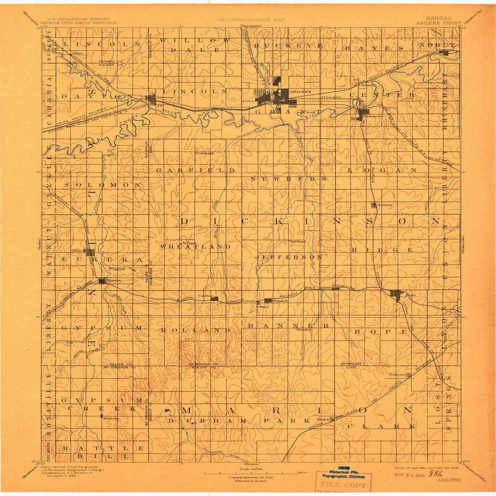 YellowMaps Abilene KS topo map, 1:125000 Scale, 30 X 30 Minute, Historical, 1894, Updated 1908, 19.95 x 16.22 in - Polypropylene