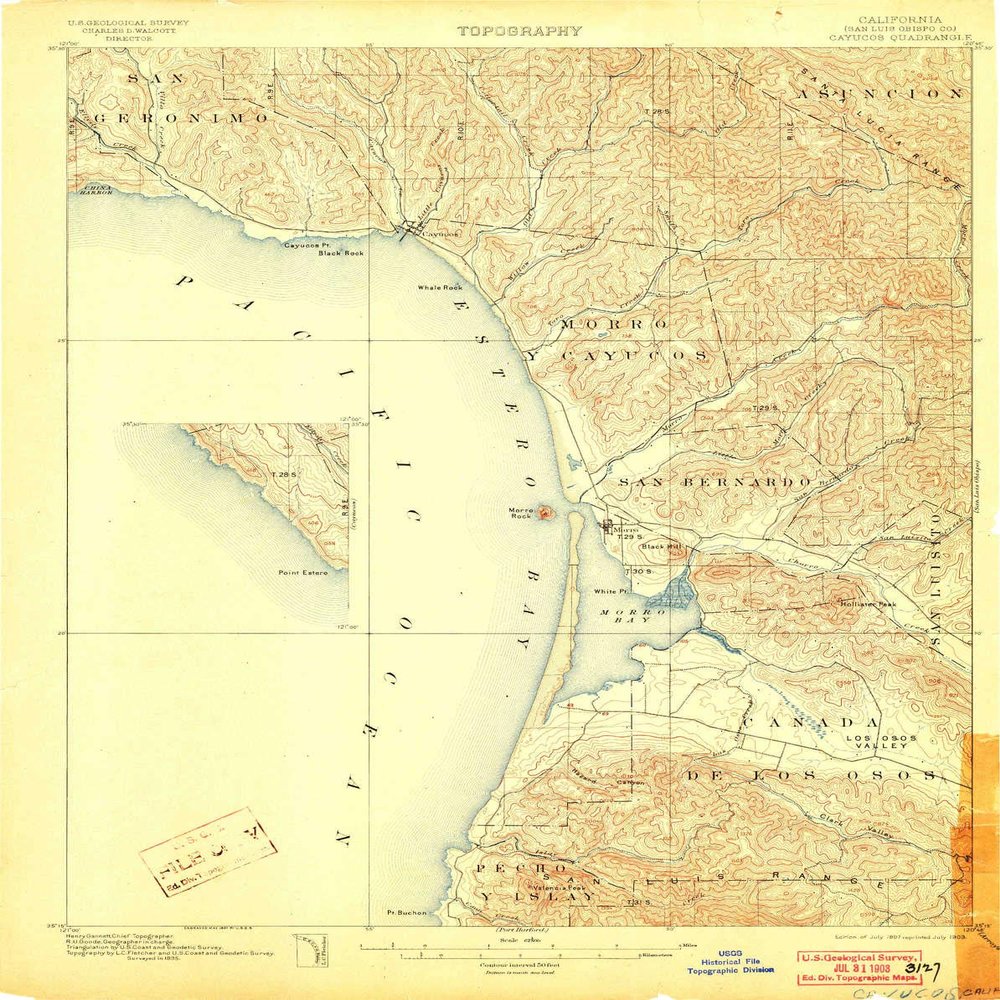 YellowMaps Cayucos CA topo map, 1:62500 Scale, 15 X 15 Minute, Historical, 1897, Updated 1903, 19.9 x 15.8 in - Polypropylene
