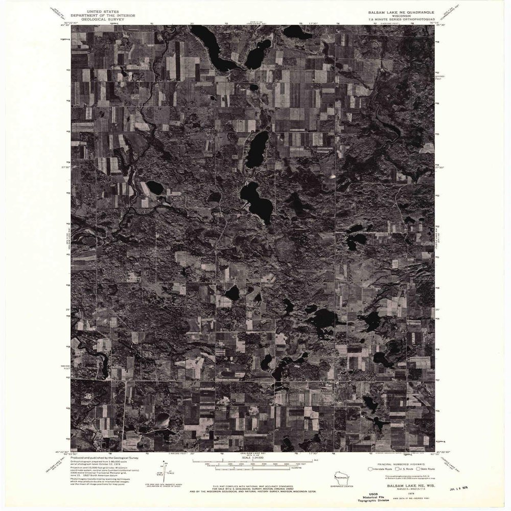 YellowMaps Balsam Lake NE WI topo map, 1:24000 Scale, 7.5 X 7.5 Minute, Historical, 1974, Updated 1976, 27.26 x 22.53 in - Tyvek
