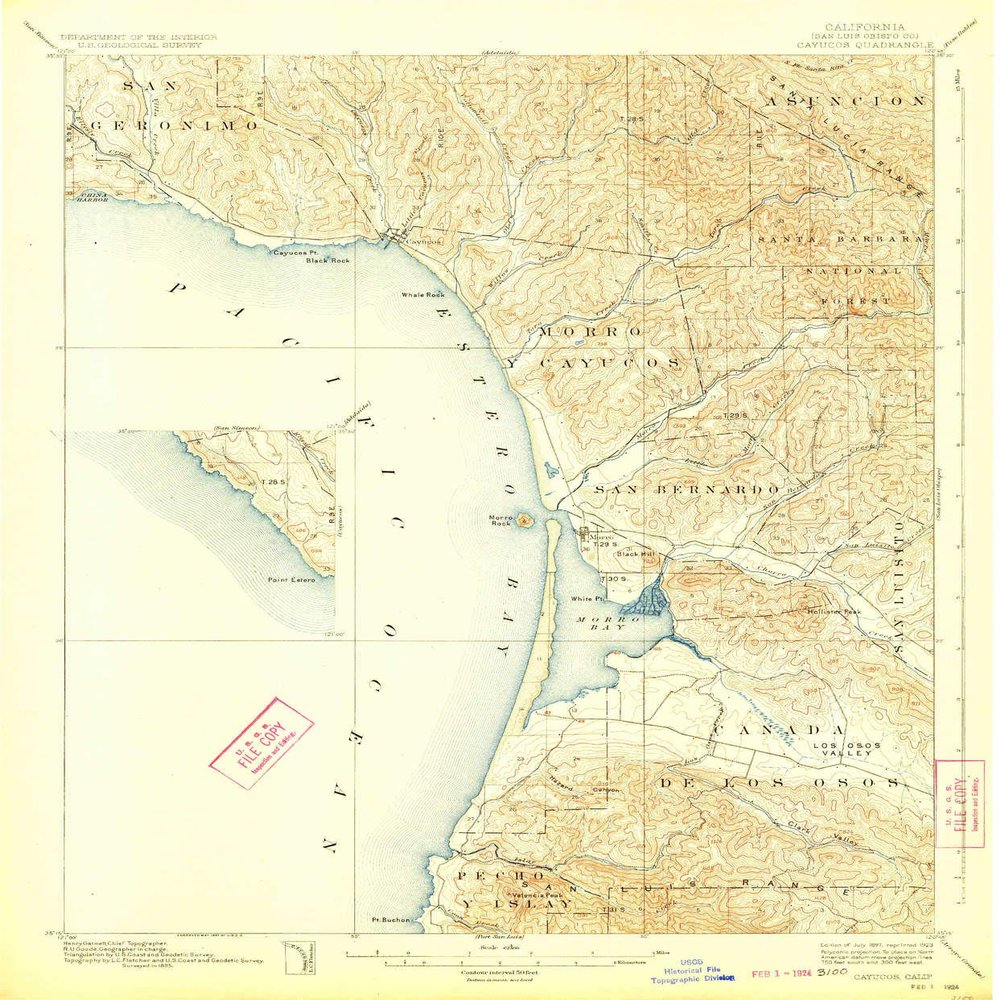 YellowMaps Cayucos CA topo map, 1:62500 Scale, 15 X 15 Minute, Historical, 1897, Updated 1923, 19.9 x 16.5 in - Polypropylene
