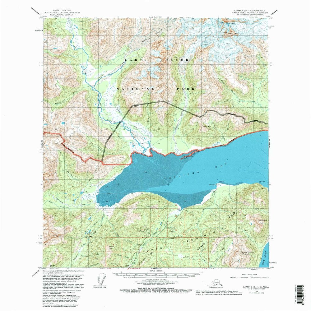 YellowMaps Iliamna D 1 AK topo map, 1:63360 Scale, 15 X 15 Minute, Historical, 1958, Updated 1983, 21.6 x 18 in - Tyvek