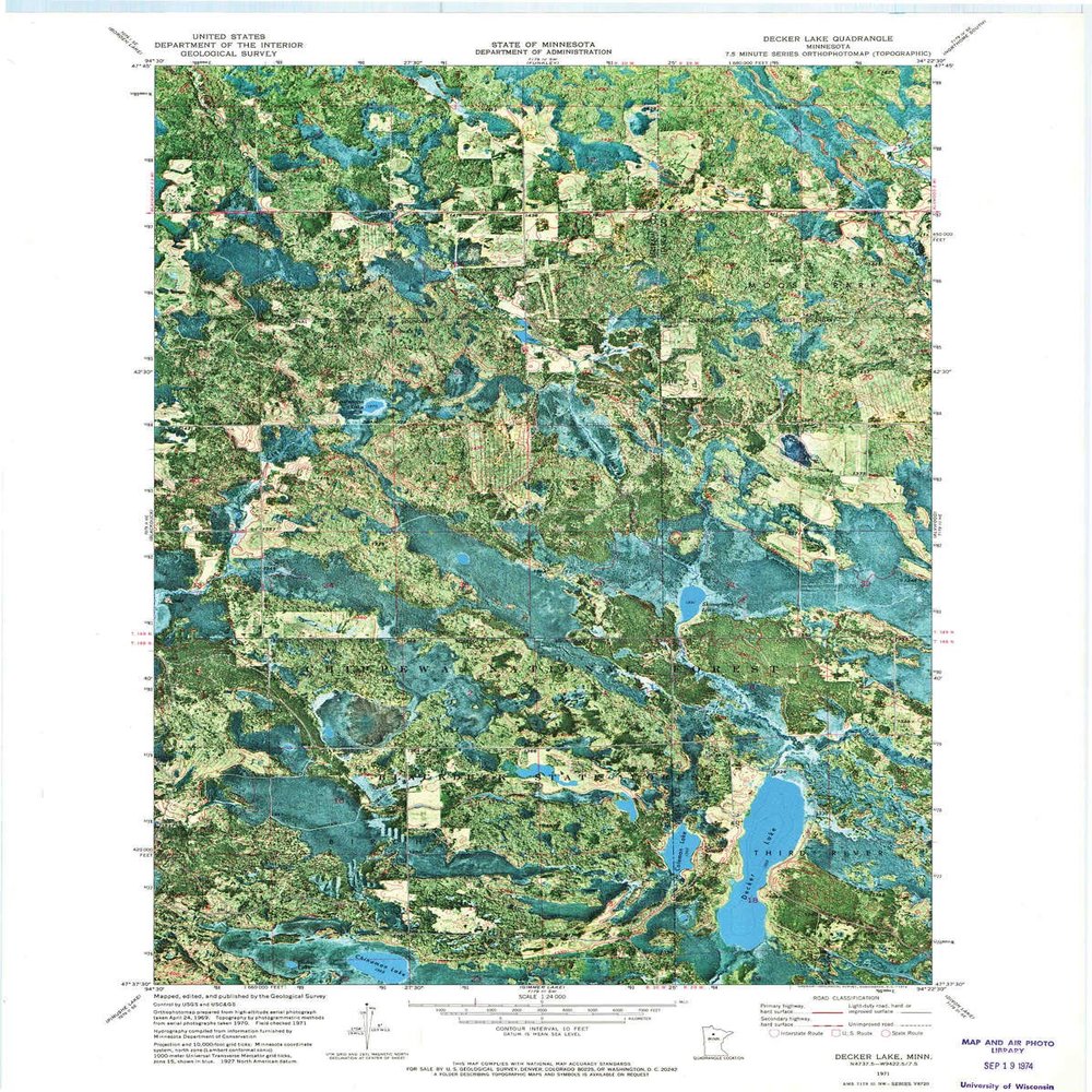 YellowMaps Decker Lake MN topo map, 1:24000 Scale, 7.5 X 7.5 Minute, Historical, 1971, Updated 1974, 27.23 x 21.53 in - Tyvek