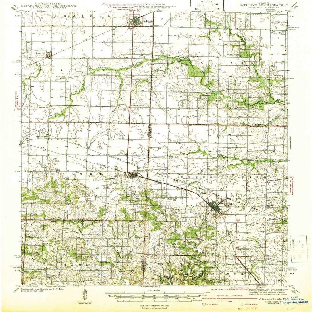Wellsville MO topo map, 1:62500 Scale, 15 X 15 Minute, Historical, 1942, 19.9 x 15.9 in - Tyvek