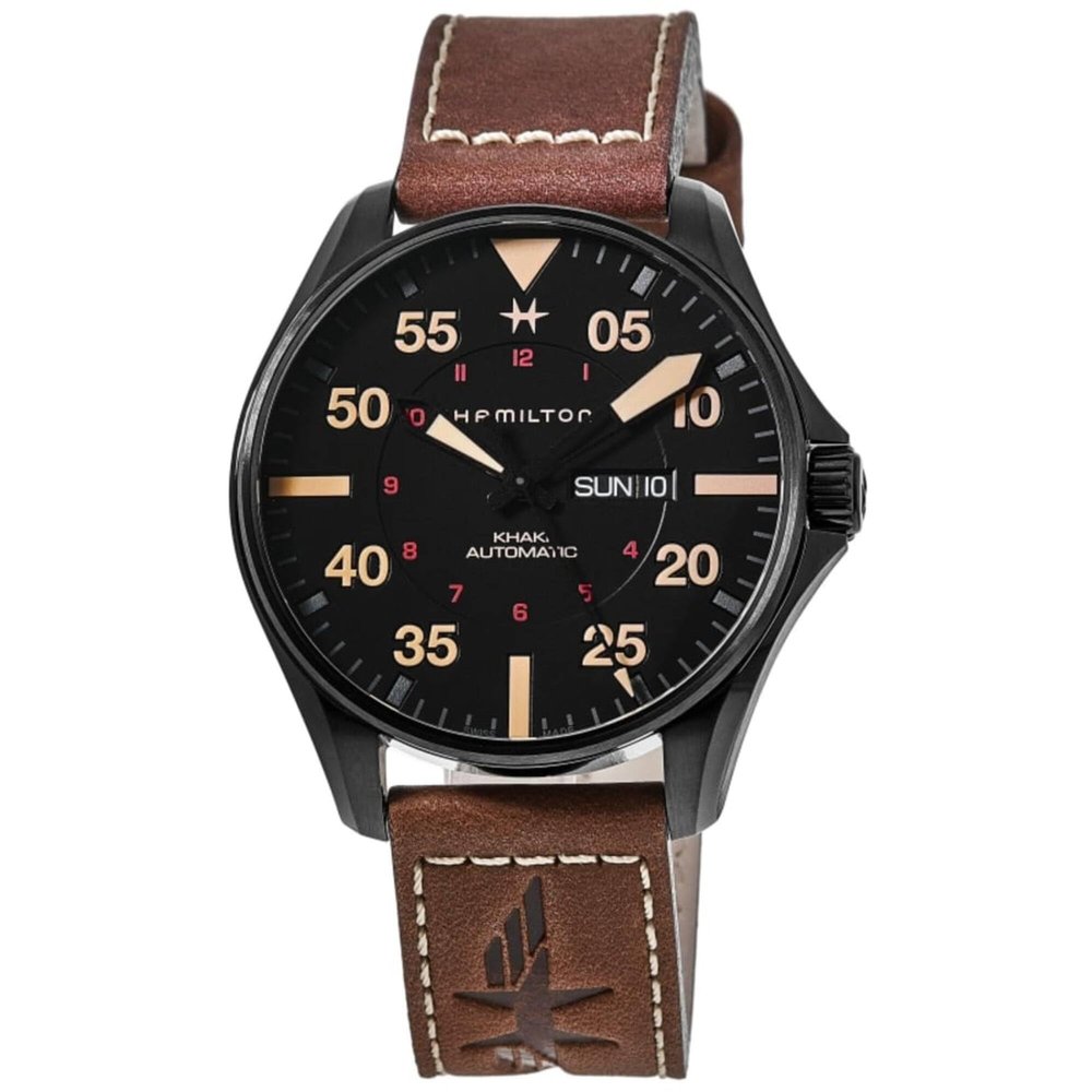 Hamilton Khaki Aviation Automatic Men's Watch, 46mm Stainless Steel Case, Swiss Made, Black Dial Analog Wrist Watch for Men, 200m Waterproof, Sapphire Crystal, 3-Hand Movement, Cow Leather Strap