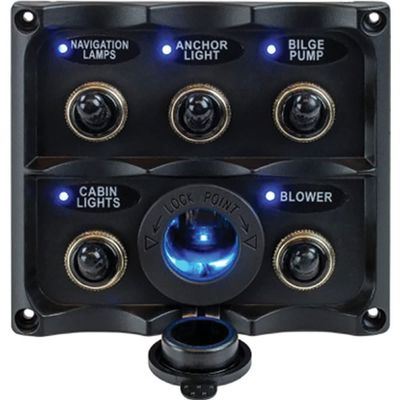 Sea-Dog Water Resistant Toggle Switch Panel w/LED Power Socket - 5 Toggle