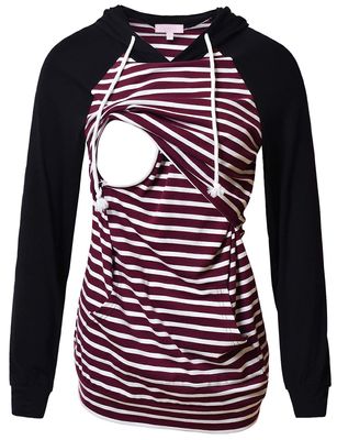Bhome Women's Nursing Hoodie Sweatshirt Raglan Long Sleeves Casual Maternity Top Breastfeeding Clothes Burgundy White Striped L