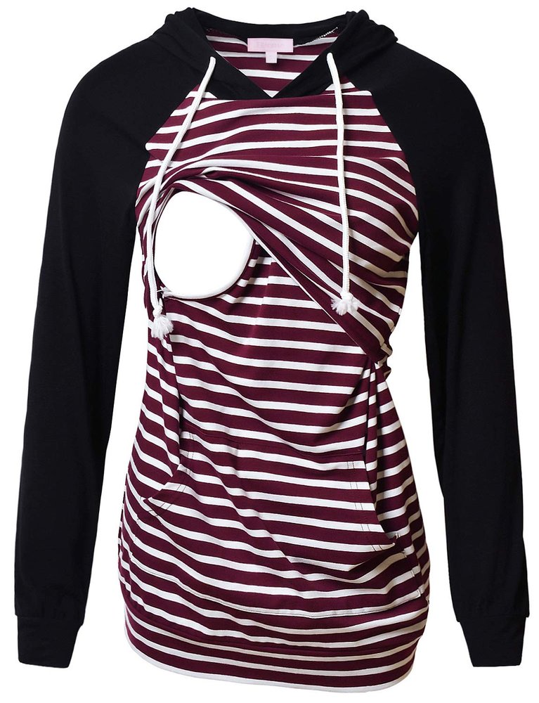 Bhome Women's Nursing Hoodie Sweatshirt Raglan Long Sleeves Casual Maternity Top Breastfeeding Clothes Burgundy White Striped L