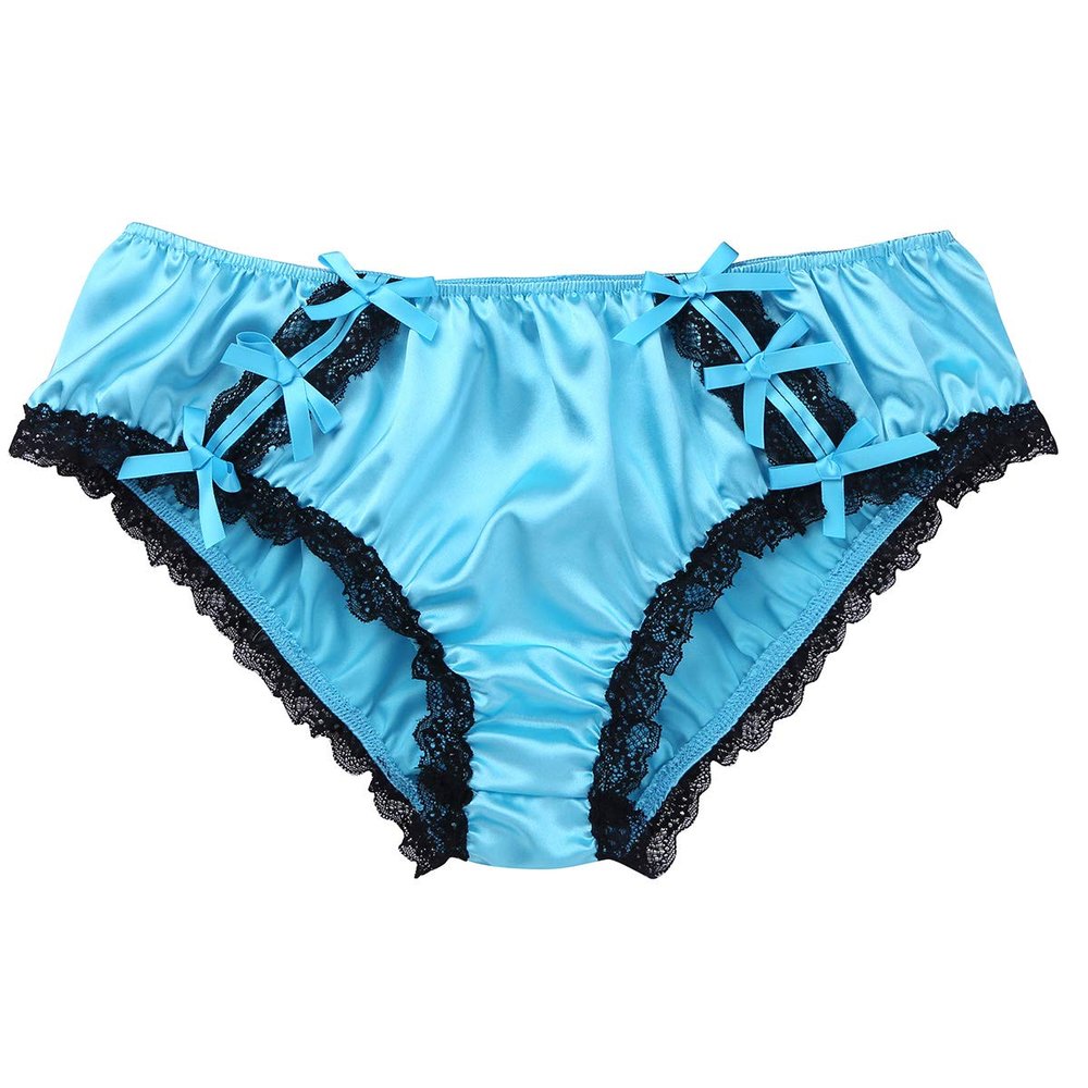 ACSUSS Men's Silky Satin Sissy Bowknot Lace Knickers Feminine Briefs Underwear Blue Large