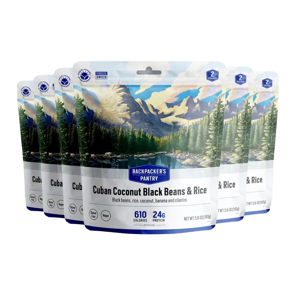 Backpacker's Pantry Cuban Coconut Rice & Black Beans, 2 Servings Per Pouch (6 Count), Freeze Dried Food, 14 Grams of Protein, Vegan, Gluten Free