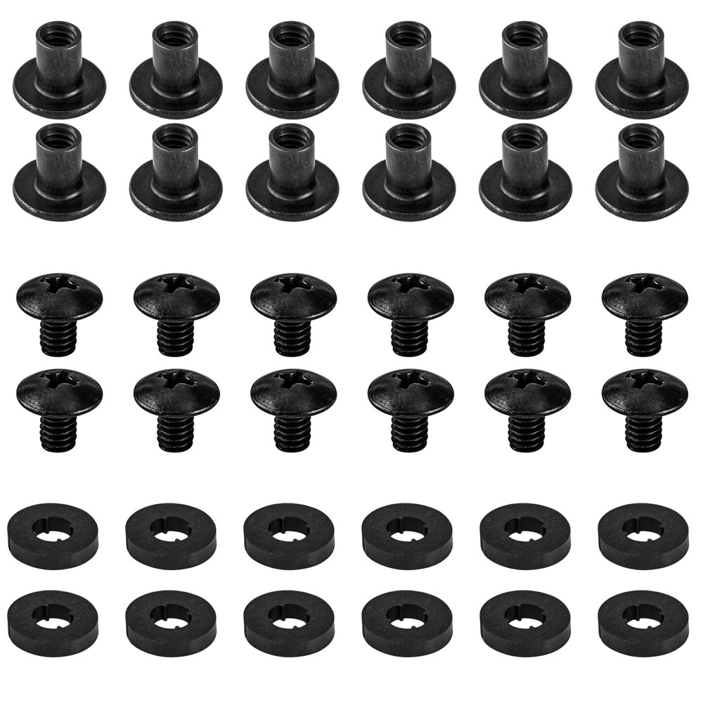Black Chicago Screws, 12 Sets - for DIY Kydex and Leather Gun Holsters/Clips and Knife Sheaths, 1/4 Inch, Includes Phillips Truss Heads + Open Slotted Fasteners + Rubber Washers/Spacers