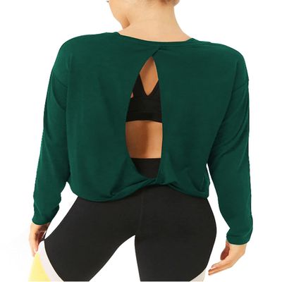 Bestisun Long Sleeve Yoga Shirts Open Back Workout Tops Backless Exercise Clothes for Women Loose Fit Deep Green S