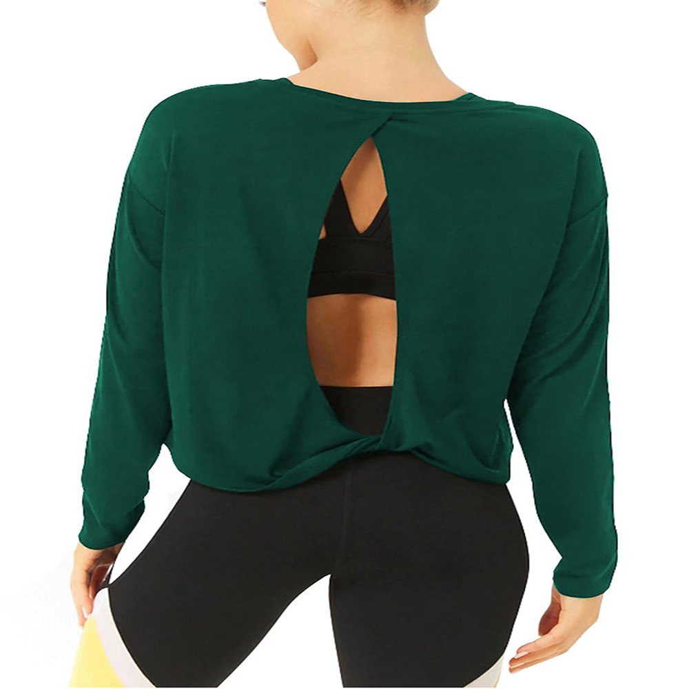 Bestisun Long Sleeve Yoga Shirts Open Back Workout Tops Backless Exercise Clothes for Women Loose Fit Deep Green S