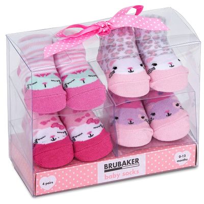BRUBAKER 4 Pairs of Baby Socks Girls 0-12 Months - Cats Pink Mint