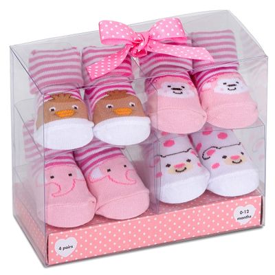 BRUBAKER 4 Pairs of Baby Socks Girls 0-12 Months - Animals Pink Yellow