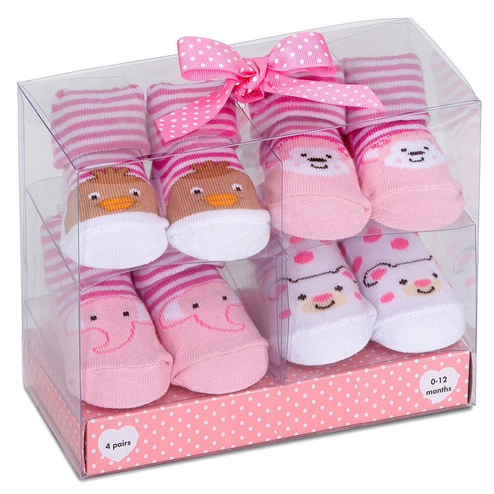 BRUBAKER 4 Pairs of Baby Socks Girls 0-12 Months - Animals Pink Yellow