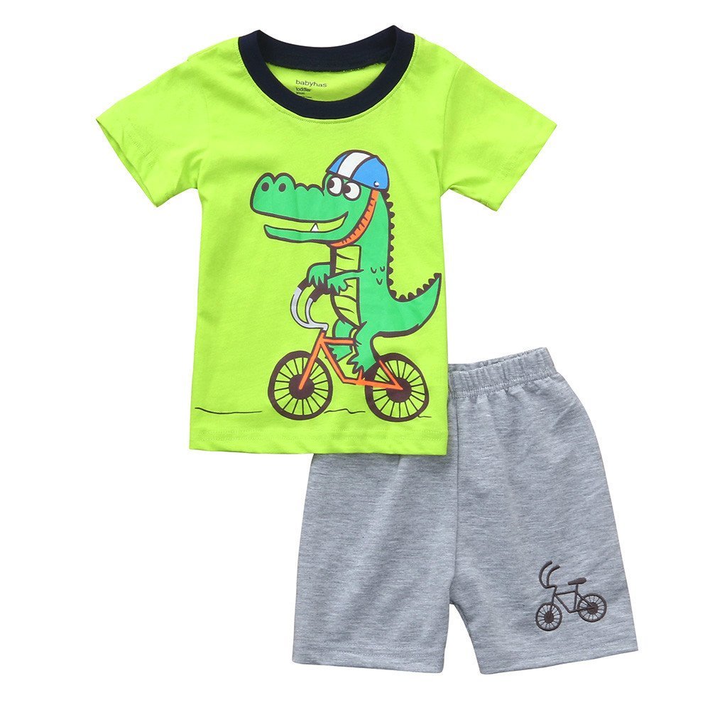 Baby Toddler Boys Summer Clothes Outfits 1-6 Years Old Kids Short Sleeve Dinosaur Tees Squama Print Shorts Sets (12-18 Months, Yellow)