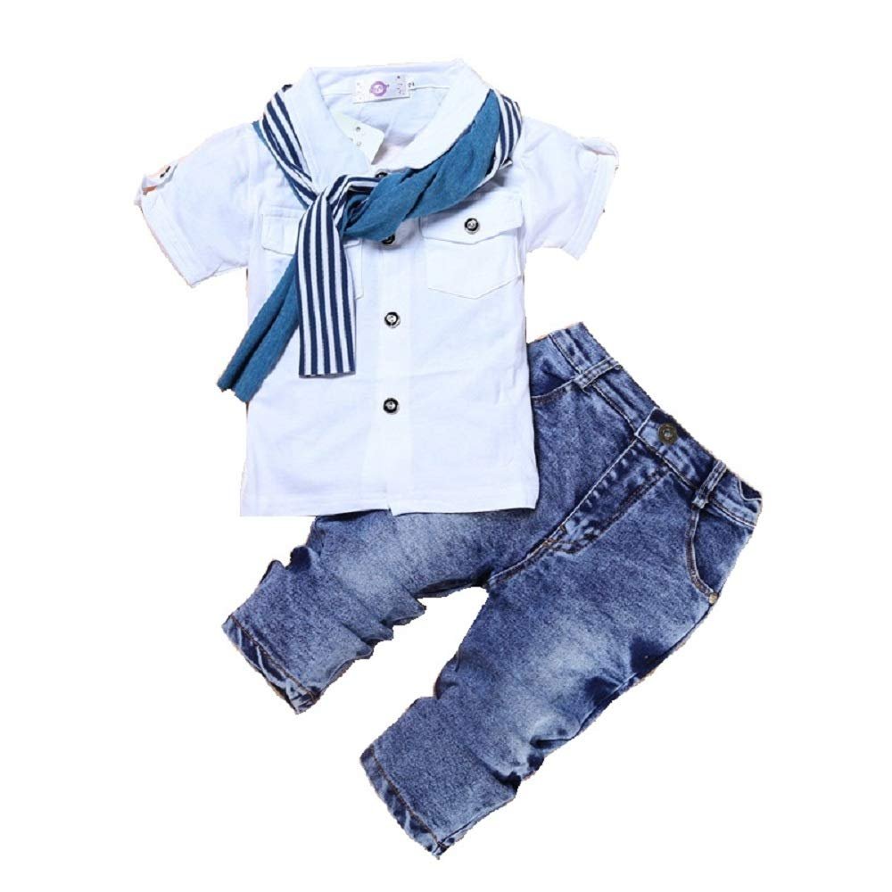 Hooyi Baby Boy Cotton Clothes Sets Children Short Sleeve T-Shirt +Jeans Pants +Scarf Outfits (White, 5T)