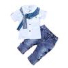 Hooyi Baby Boy Cotton Clothes Sets Children Short Sleeve T-Shirt +Jeans Pants +Scarf Outfits (White, 5T) view 1