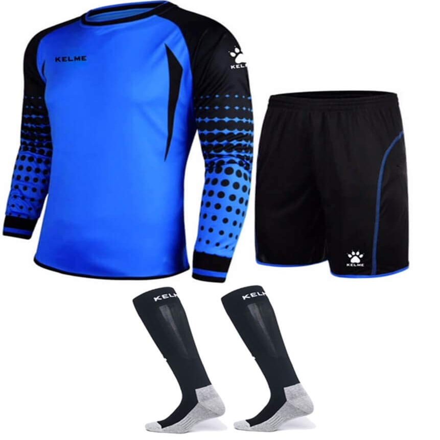 KELME Soccer Goalie Jersey Padded Uniform Kit - Goalkeeper Jersey, Shorts & Socks - Mens Football Padded Shirt - Kids and Adult Sizes (Blue, Kids 8)