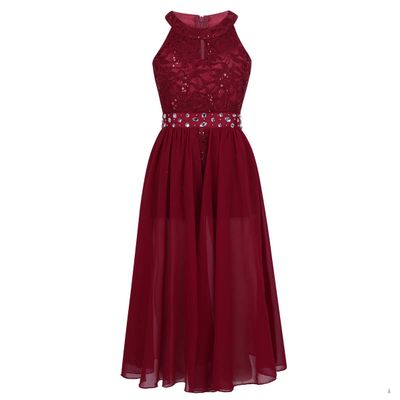 Agoky Halter Lace Flower Girls Dress Wedding Junior Bridesmaid Party Ball Gown Floor Length Dresses Burgundy (Floral Lace) 10
