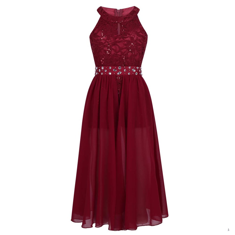 Agoky Halter Lace Flower Girls Dress Wedding Junior Bridesmaid Party Ball Gown Floor Length Dresses Burgundy (Floral Lace) 10