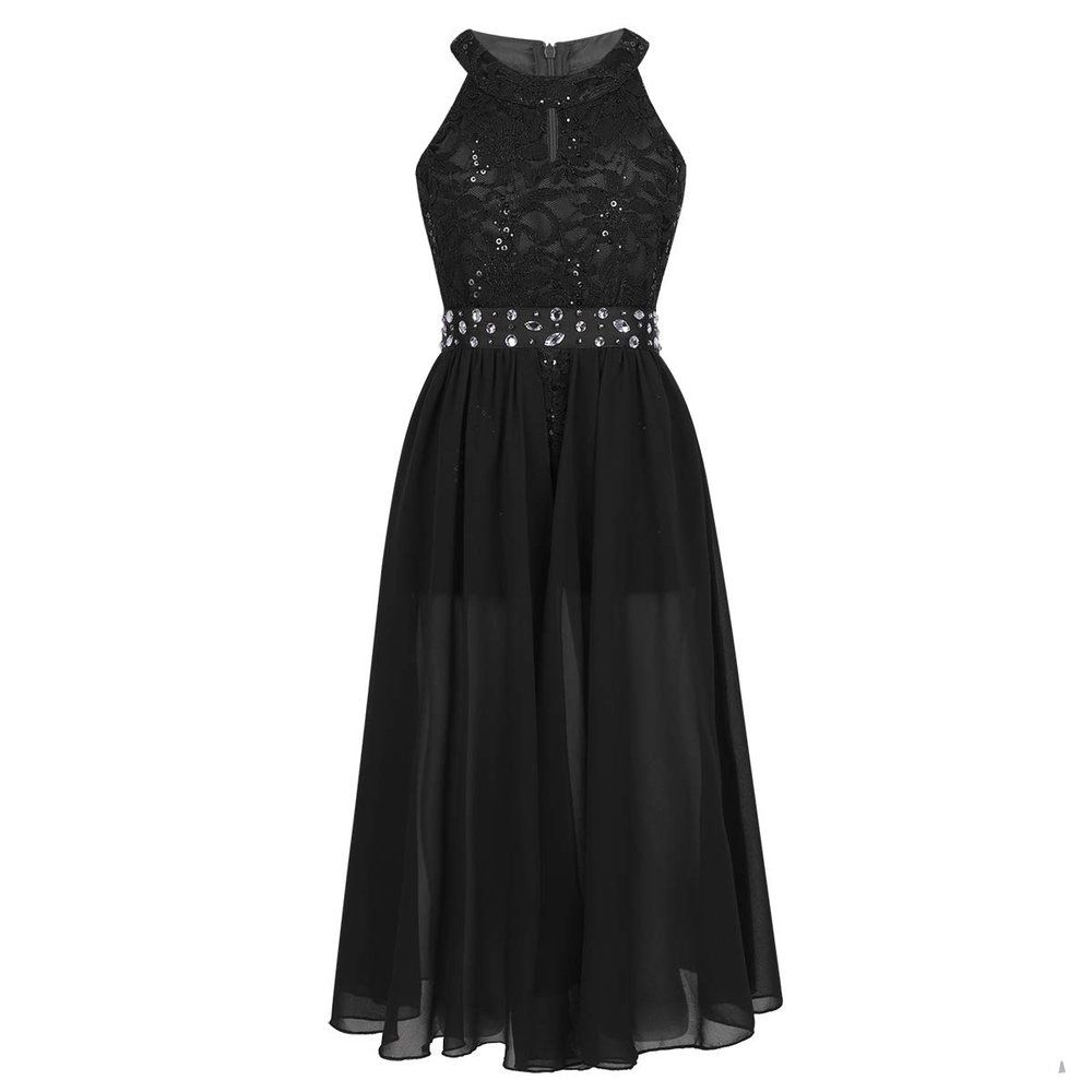 Agoky Halter Lace Flower Girls Dress Wedding Junior Bridesmaid Party Ball Gown Floor Length Dresses Black (Floral Lace) 10