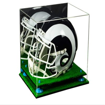 Better Display Cases Acrylic Football Helmet Display Case with Mirror, Light Blue Risers and Turf Base (A002-BLR)