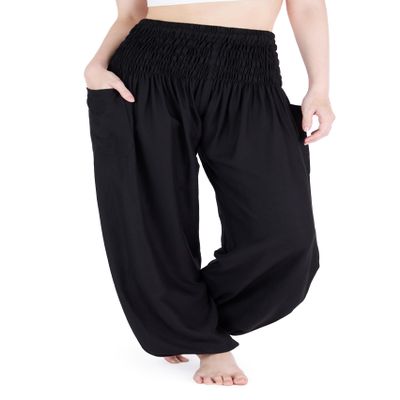 Lannaclothesdesign Women's Smocked Waist Boho Flowy Yoga Harem Pants Hippie Clothes (M, Black)