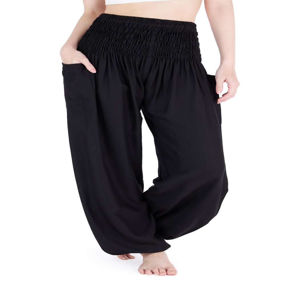 Lannaclothesdesign Women's Smocked Waist Boho Flowy Yoga Harem Pants Hippie Clothes (M, Black)