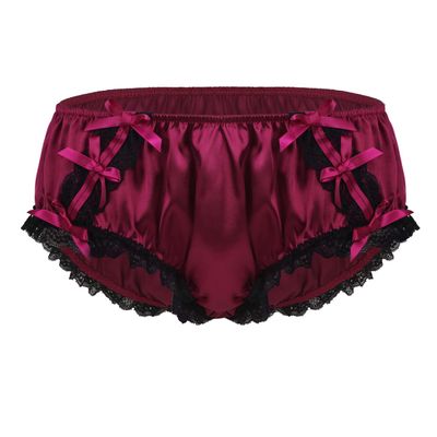 inlzdz Mens Silky Satin Ruffled Lace Lingerie French Maid Sissy Crossdress Panties Underwear Feminine Knickers Wine Red Medium