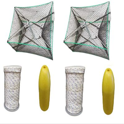 KUFA Sports Galvanized Steel Foldable Prawn Trap with 5/16 inch x 400 Non-leaded Rope and Yellow 14 inch Floats S32+FYM403