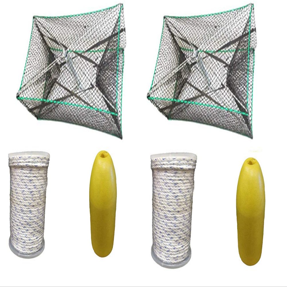KUFA Sports Galvanized Steel Foldable Prawn Trap with 5/16 inch x 400 Non-leaded Rope and Yellow 14 inch Floats S32+FYM403