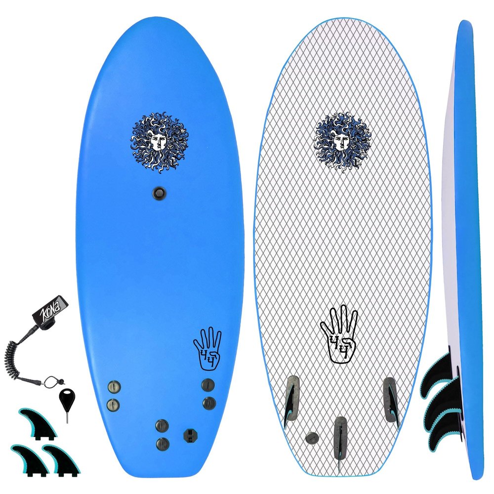 KONA SURF CO. The 4-4 Surfboard for Beginners Kids and Adults - Soft Top Foam Surfboards for Beach - Surf as a Boogie Board Bodyboard or Softboard - Includes Fins and Leash in Light Blue sz:4ft 4in