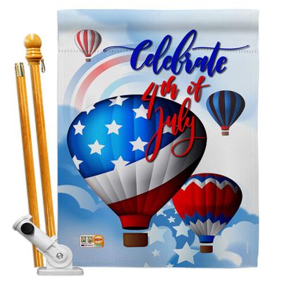 Breeze Decor HS111078-BO July 4th Hot Air Balloon Americana Fourth of Impressions Decorative Vertical 28" x 40" Double Sided House Flag Set Pole Bracket Hardware