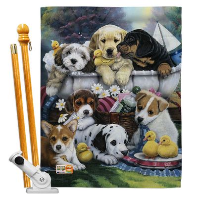 Breeze Decor Dog Bath Time Pups House Flag Set Animals Puppy Spoiled Paw Canine Fur Pet Nature Farm Animal Creature Small Decorative Gift Yard Banner Double-Sided Made in USA 28 X 40