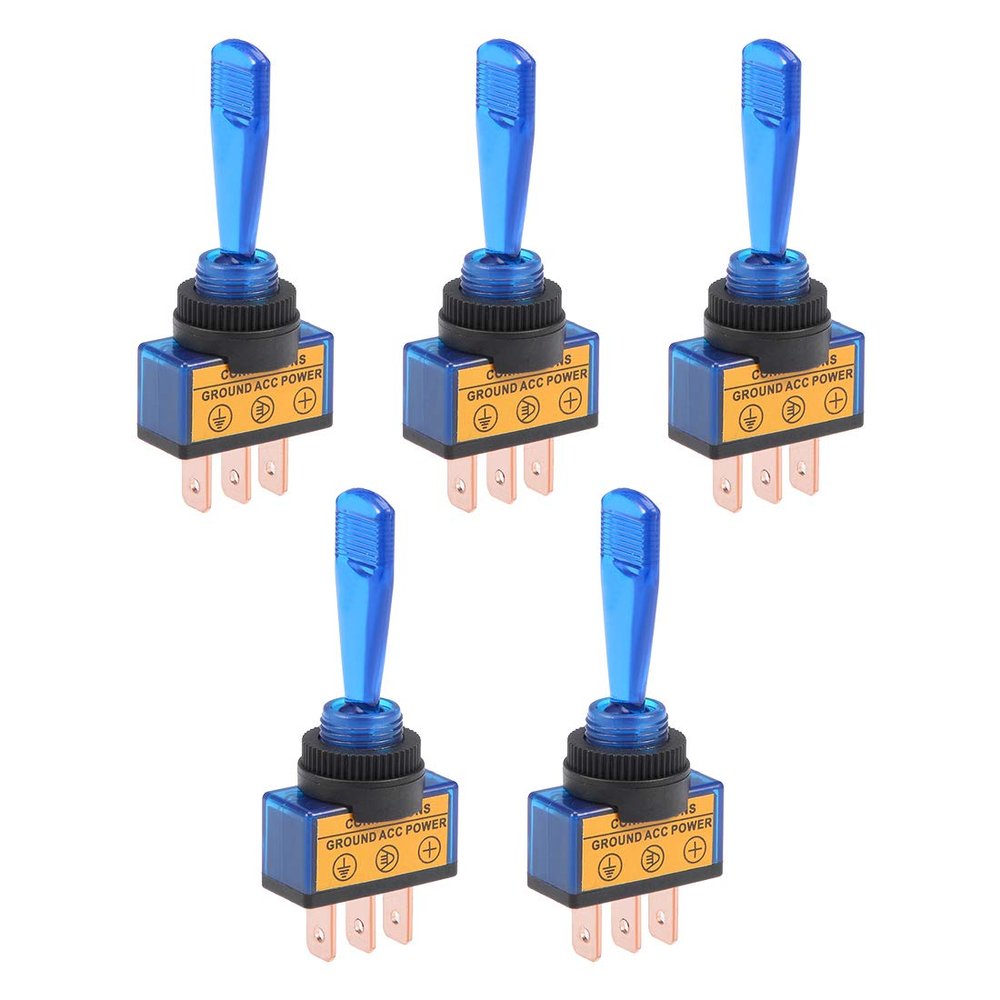 uxcell 5Pcs SPST Latching Rocker Toggle Switch Blue LED Light 20A 12V 3P ON-Off Flat Rod Blue