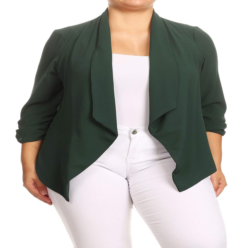 Solid Casual Plus Size Loose Fit Draped Cardigan Blazer Jacket/Made in USA Hunter Green 2XL