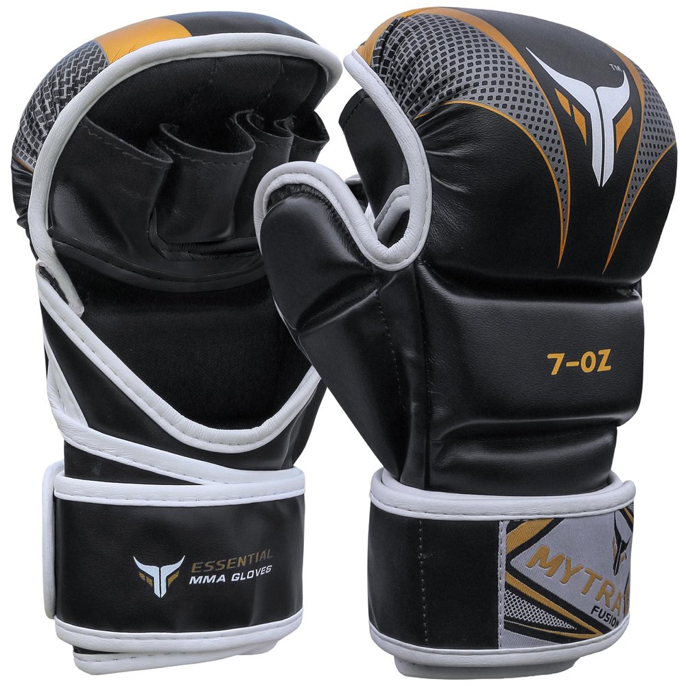Mytra Fusion MMA Gloves 7-oz Grappling Gloves Martial Arts Gloves Sparring Gloves Punching Bag Gloves (L/XL, Black/Gold)