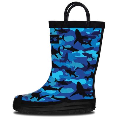 LONECONE Rain Boots with Easy-On Handles in Fun Patterns for Boys and Girls, Play-Proof Flexible Rubber, Durable Non-Slip Treads, Kid-Friendly for Hours of Joy - Shark Shadows (Camo), 5 Toddler