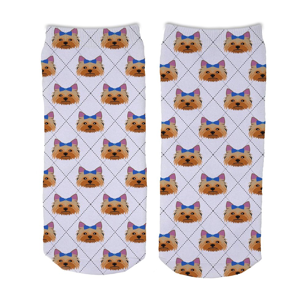 Adorable Dog Breed Design Novelty Argyle Socks (Yorkshire Terrier Blue Bow)