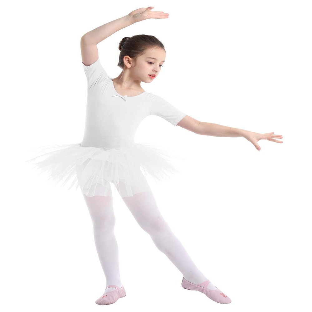 YOOJIA Kids Girls Short Sleeve X-Back Ballet Dance Dress Cotton Ruffle Tutu Skirted Gymnastics Leotard White 8-10