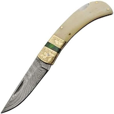 Damascus SANZ 4" Steel Lockback Folding Knife for Men Pocket Knife for Men with Bone Handle, Engraved Brass Bolster, Green Wood Spacer & File Work EDC Knife for Collectors & Outdoor Use