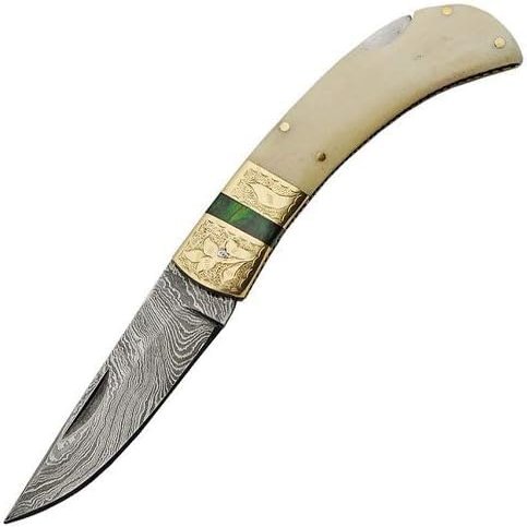 Damascus SANZ 4" Steel Lockback Folding Knife for Men Pocket Knife for Men with Bone Handle, Engraved Brass Bolster, Green Wood Spacer & File Work EDC Knife for Collectors & Outdoor Use