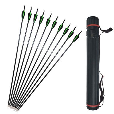12 Pcs 30 Inch Archery Carbon Arrows 500 Spine Hunting Practice Target Carbon Arrows Shaft with 100 Grain Replaceable Tips for Archery Compound & Recurve & Traditional Bow (Green Arrow and Quiver)