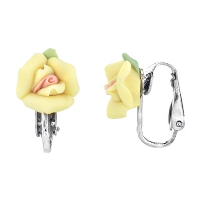 1928 Jewelry Bridal Yellow Porcelain Rose Clip On Earrings For Women, Non Piercing Ear Rings, Pierceless Snap On Made In USA, Hand Crafted Flowers, Timeless Floral Jewellery