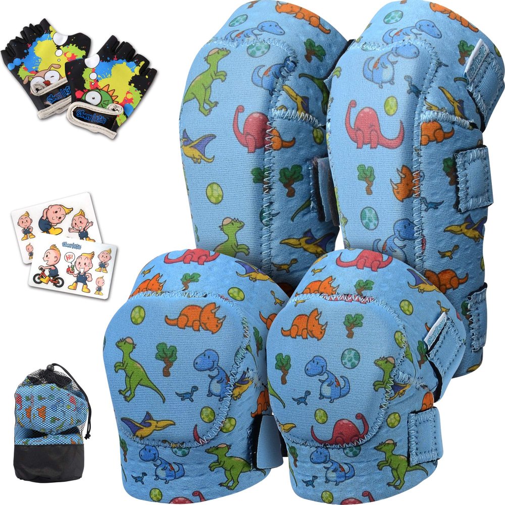 Soft-Style Kids Knee and Elbow Pads with Bike Gloves, Flexible Impact-Resistant Gear for Ages 2-11, Designed for Balance Bikes, Roller-Skating, and Skateboarding (Dinosaur, Small)