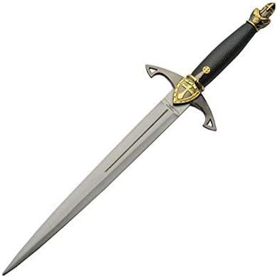 SZCO Medieval Knights  13" Decorative Stainless Steel Dagger with Black Handle, Gold & Silver Guard, and Black Scabbard  Historical Collectible Dagger for Display, Cosplay & Gifts