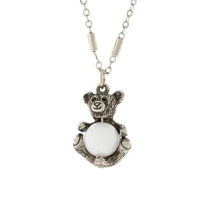 1928 Jewelry Womens Round White Quartz Gemstone Teddy Bear Pendant Necklace 16" + 3" Extension Chain